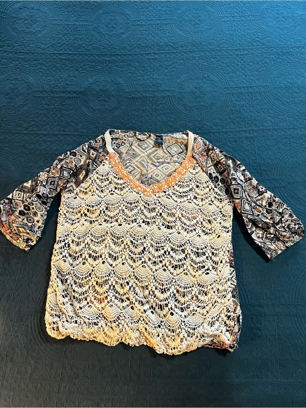 BKE Cream Beaded Crochet V-Neck 3/4 Sleeve BoHo Size M - Picture 4 of 15